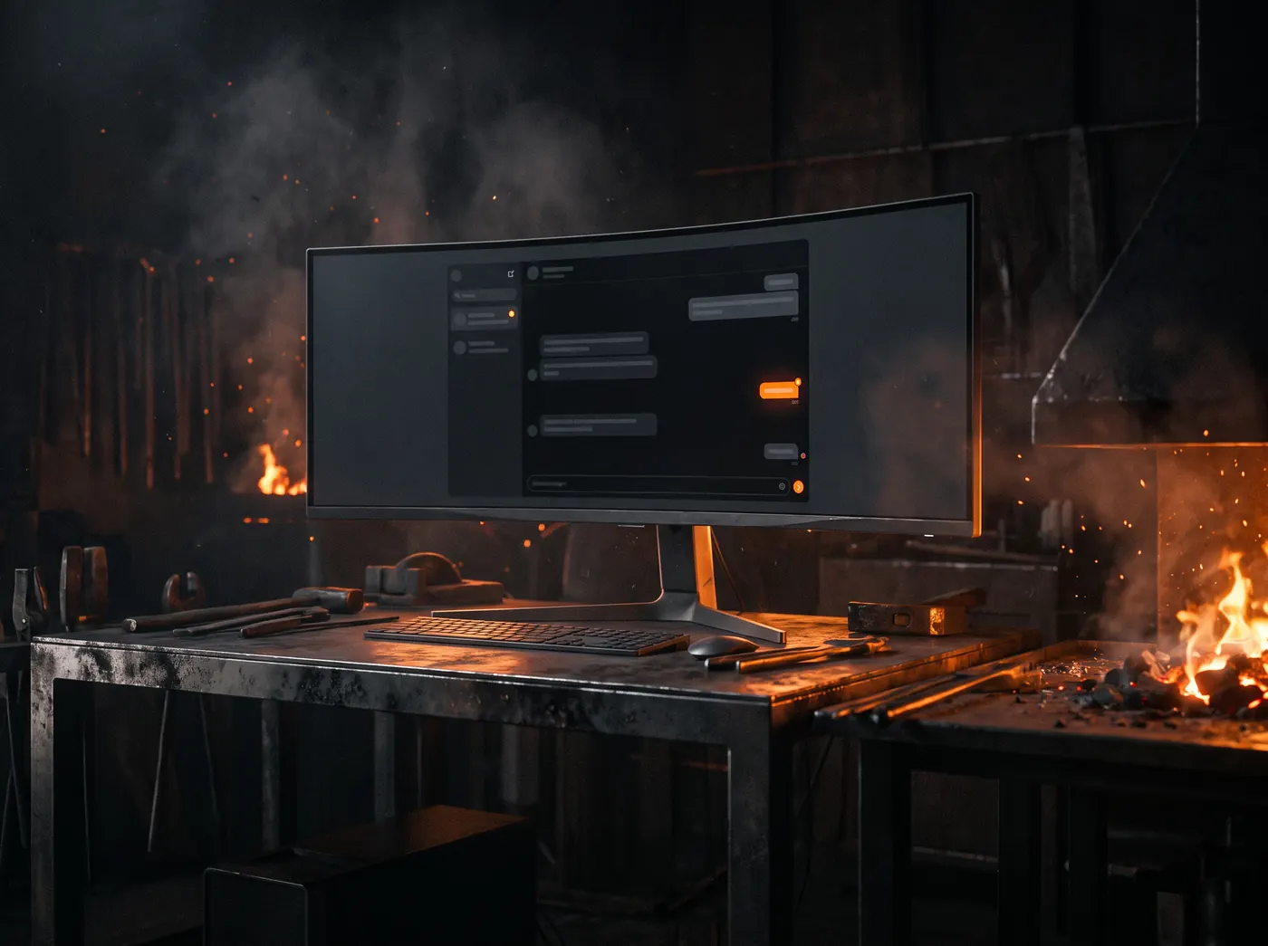 A monitor on a steel desk in the studio showing a dark chat interface
