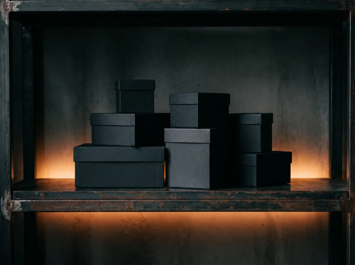 Plain black boxes of different sizes on a dark metal shelf with a warm light strip beneath
