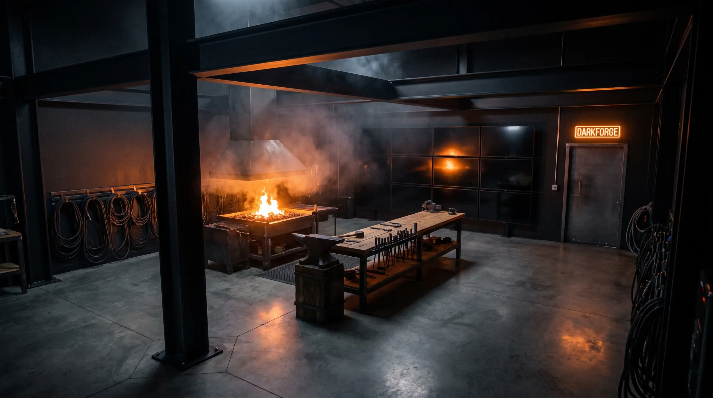 The forge hearth burning in the center of the DarkForge workshop, with black steel beams and a tool bench.