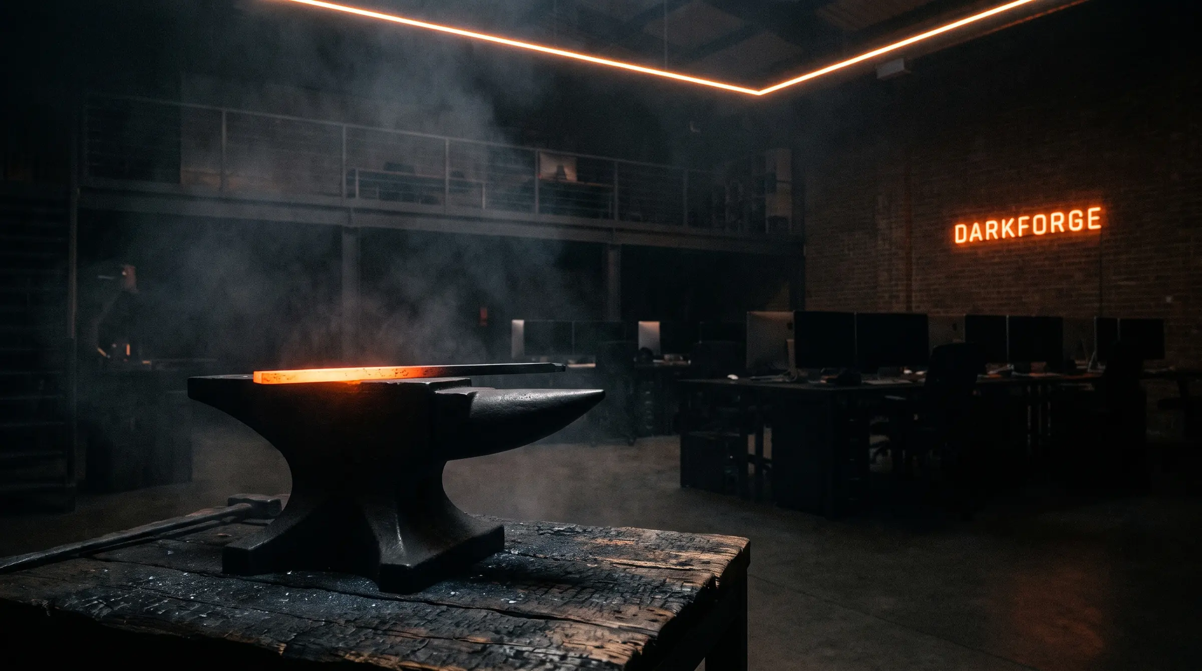 The DarkForge studio floor: an anvil holding a glowing bar of steel, with the engineering desks and the DarkForge sign behind it.