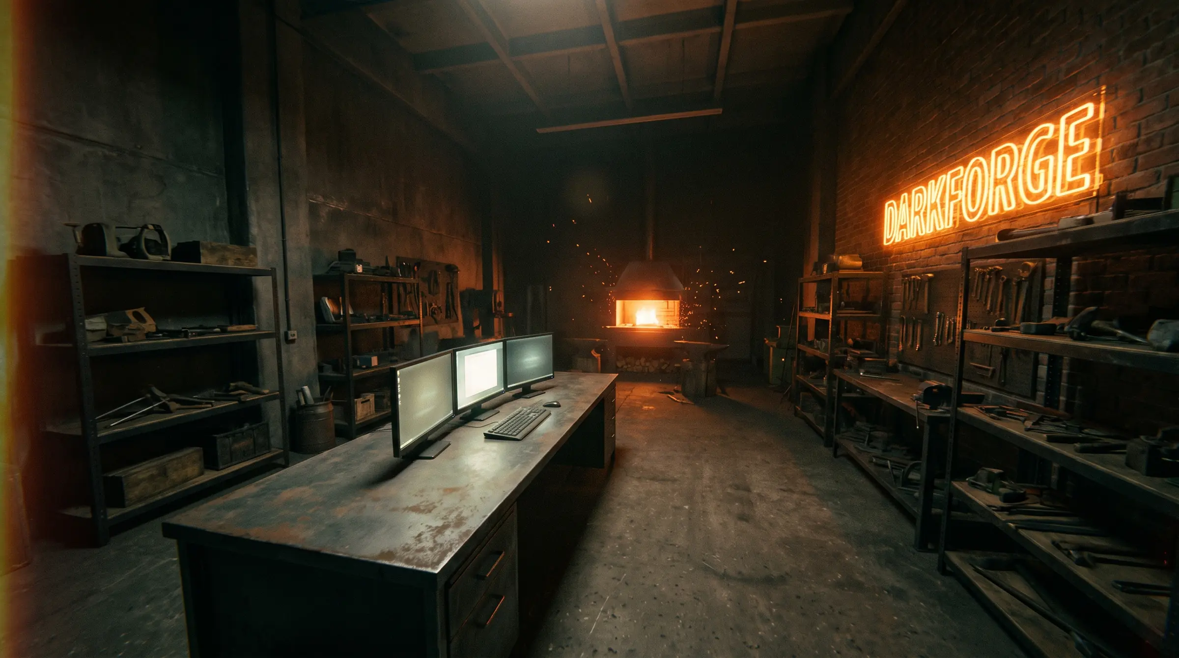The DarkForge workshop: shelves of tools, a long steel desk with three monitors, and the DarkForge neon sign on the brick wall