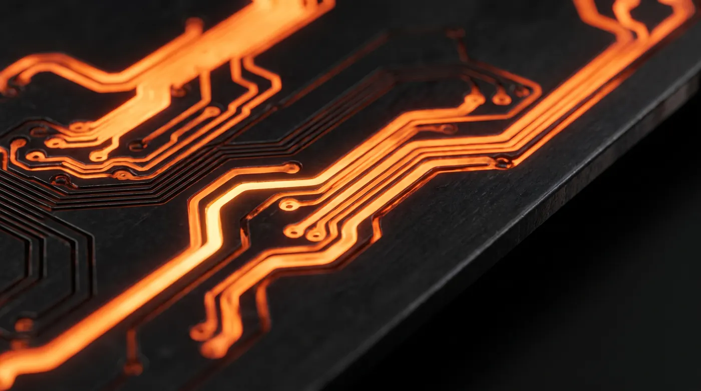 Molten metal flowing through engraved channels laid out like circuit traces