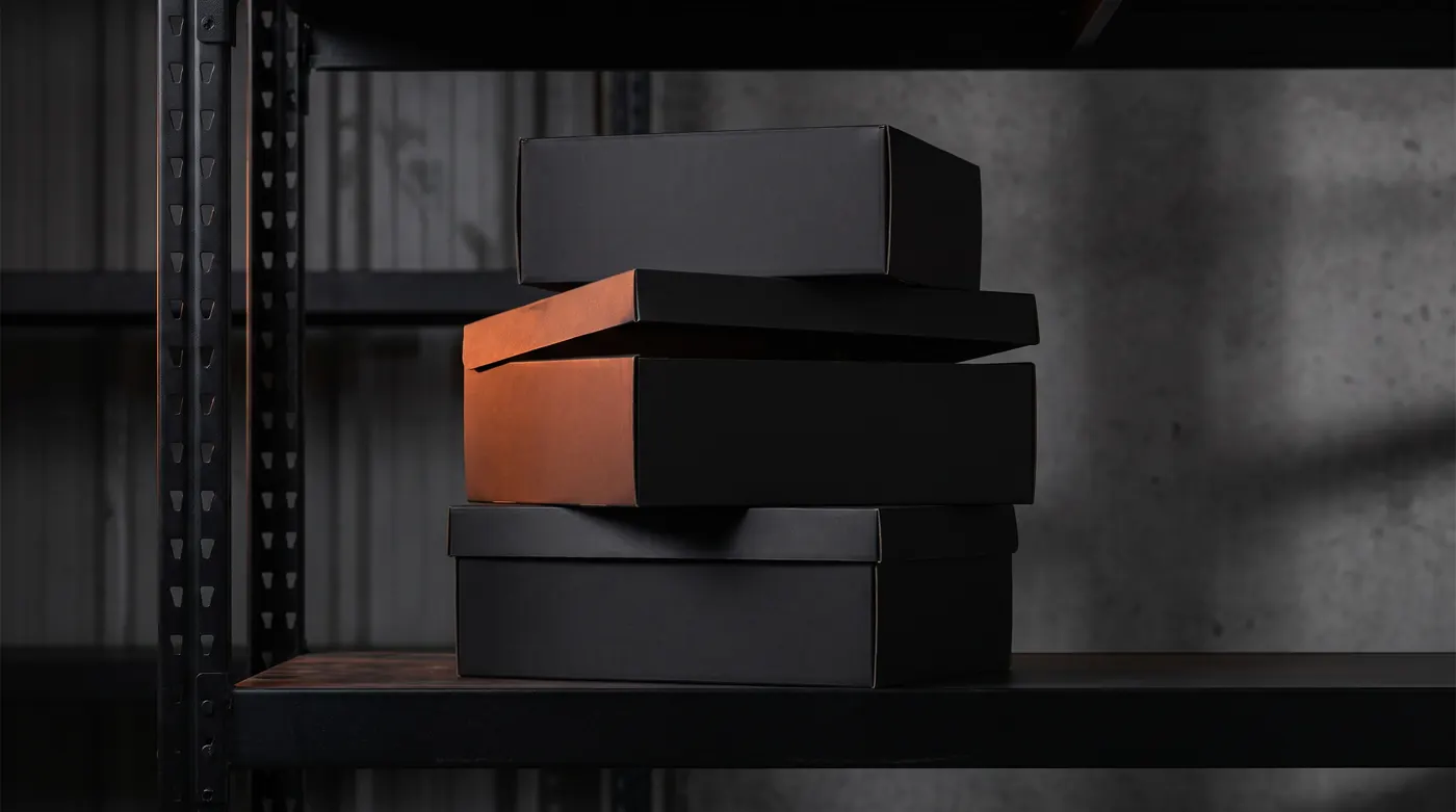 Matte black product boxes stacked on a steel shelf under warm side light