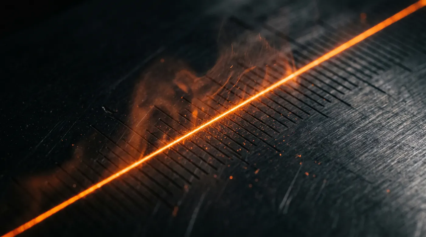 A thin orange laser line sweeping across dark brushed steel with measurement marks