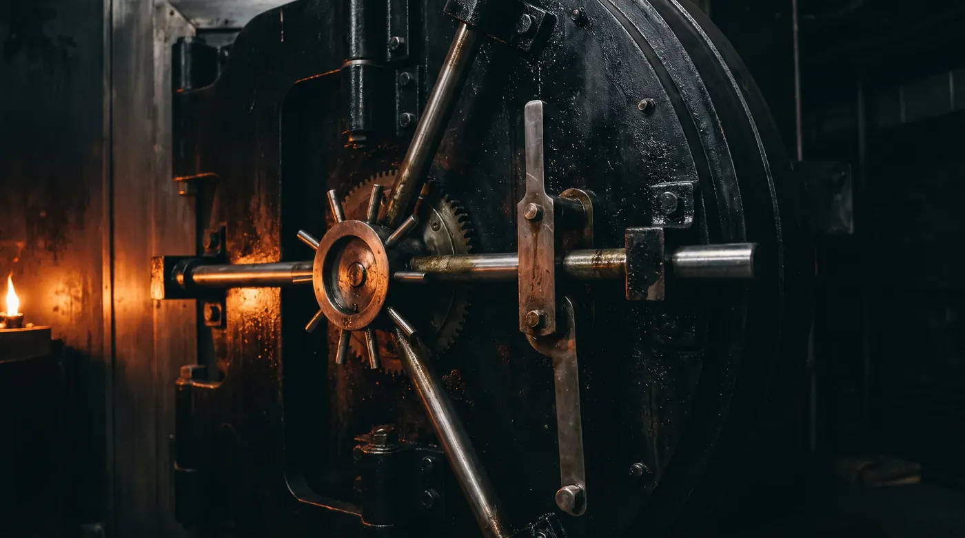The locking mechanism of a heavy black steel vault door