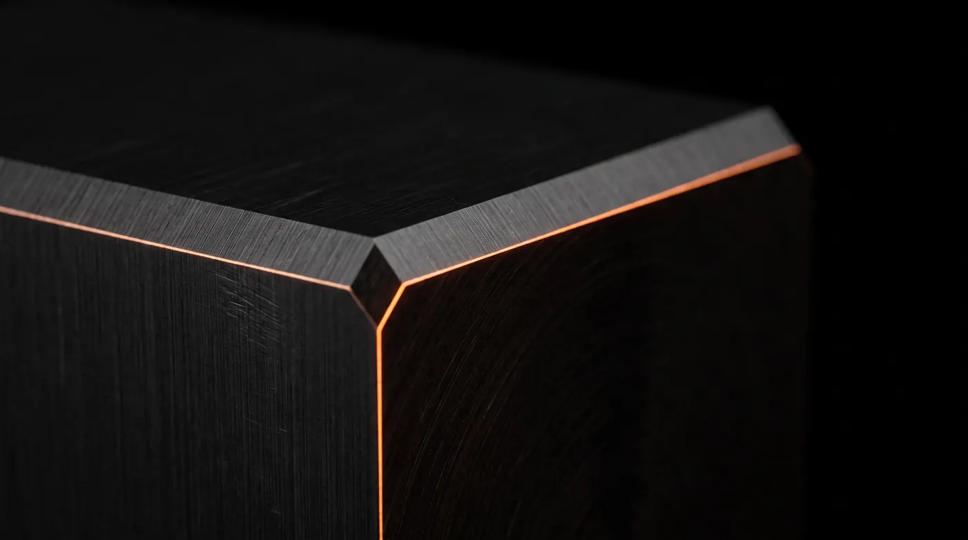 A machined black metal panel with a thin line of warm light along its edge