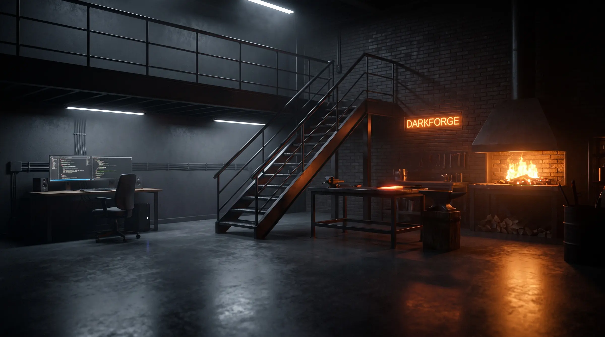 The DarkForge studio: a black steel staircase, a desk with code on two monitors, and the forge hearth glowing at the back.